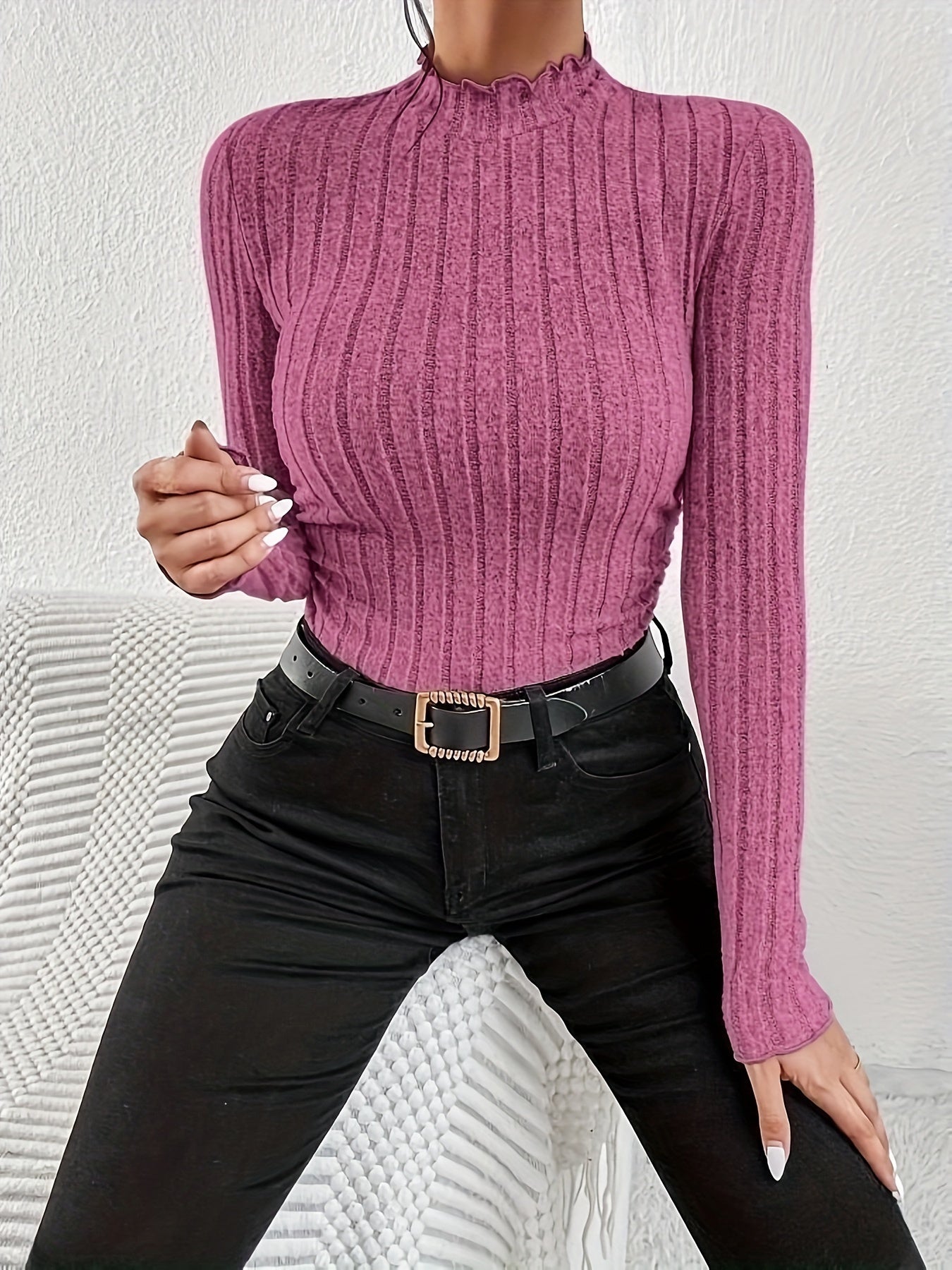 Sixsr Long Sleeve Ribbed Knit T-Shirt, High Neck Elegant Casual Top For Fall & Spring, Women's Clothing