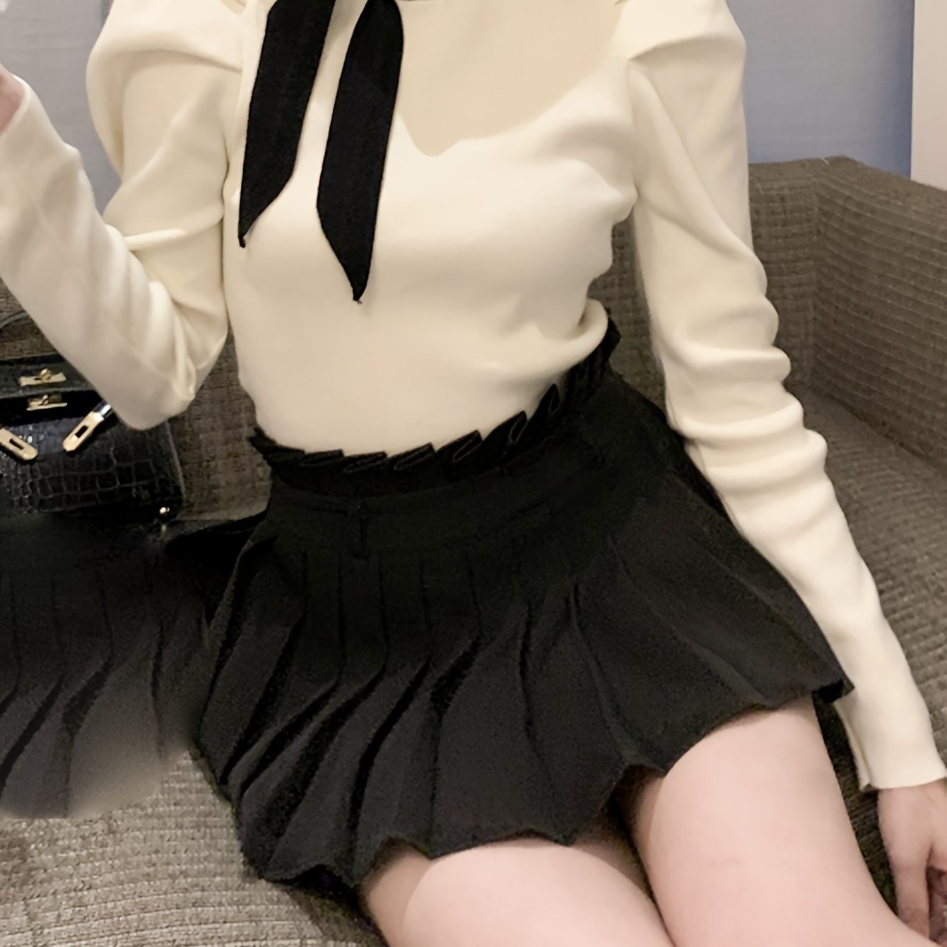 Sixsr Contrast Trim Crew Neck Knit Sweater, Casual Long Sleeve Ruched Sweater, Women's Clothing