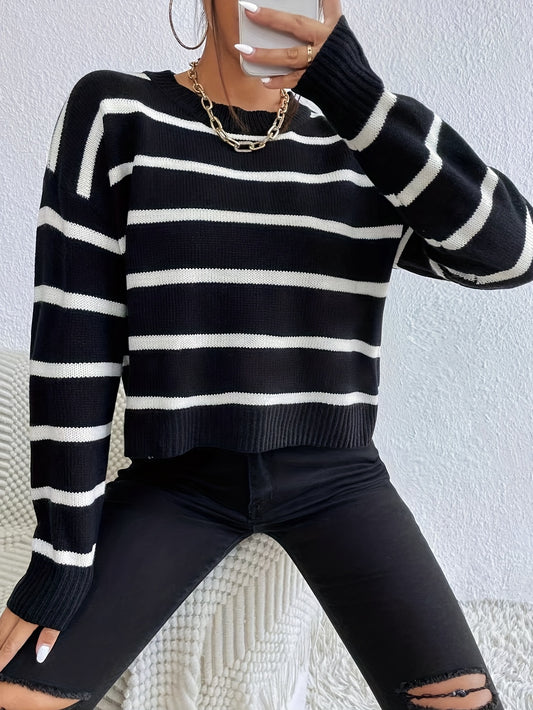 Sixsr Striped Print Drop Shoulder Knit Sweater, Casual Crew Neck Long Sleeve Sweater, Women's Clothing