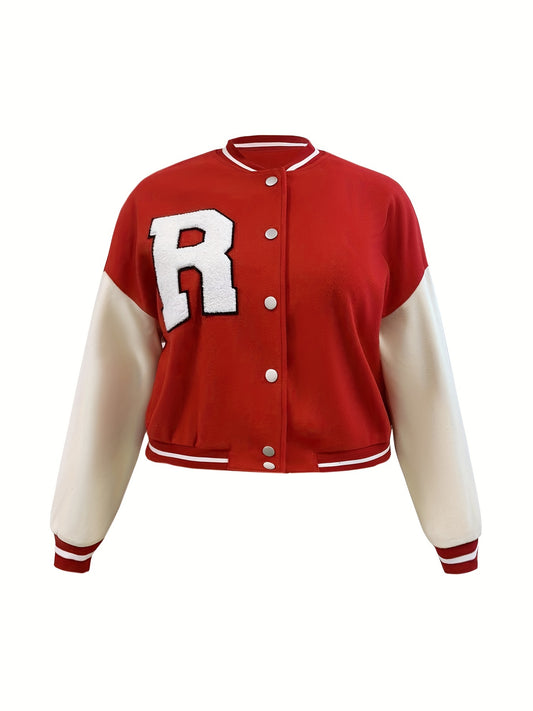 Sixsr Plus Size Casual Jacket, Women's Plus Letter Patched Button Up Striped Trim Drop Shoulder Crop Varsity Jacket