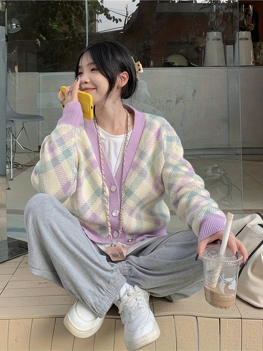 Sixsr Plaid Button Down Knit Cardigan, Casual Long Sleeve Loose Sweater, Women's Clothing