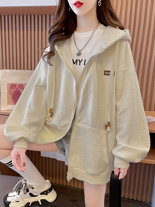 Sixsr Slant Pockets Zip-up Cable Hoodie, Casual Lantern Sleeve Drawstring Hoodie Coat, Women's Clothing