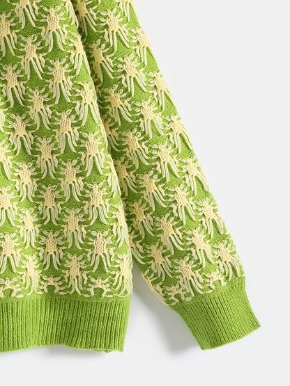 Sixsr Plus Size Jacquard Long Sleeve Knitwear, Women's Plus Casual Round Neck Slight Stretch Pullover Sweater