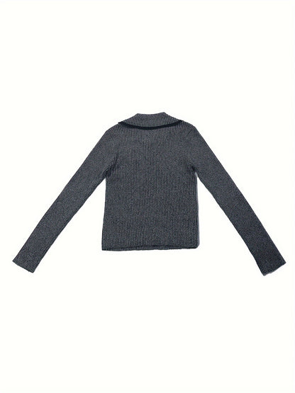 Sixsr Zip Turndown Collar Pullover Sweater, Casual Long Sleeve Slim Sweater, Women's Clothing