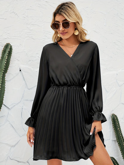 Sixsr Surplice Neck Pleated Dress, Elegant Long Sleeve Dress For Spring & Fall, Women's Clothing