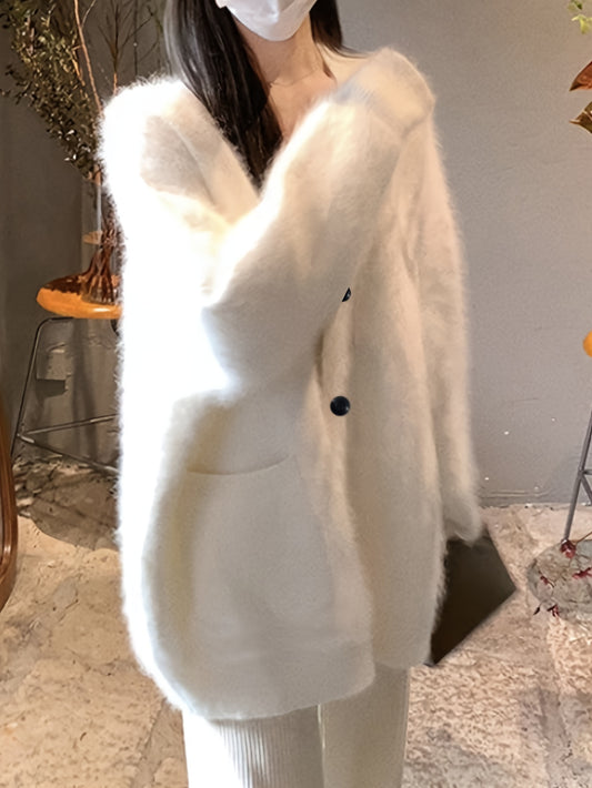 Sixsr Solid Button Front Knitted Cardigan, Casual Simple V Neck Long Sleeve Cardigan With Pockets For Fall & Winter, Women's Clothing