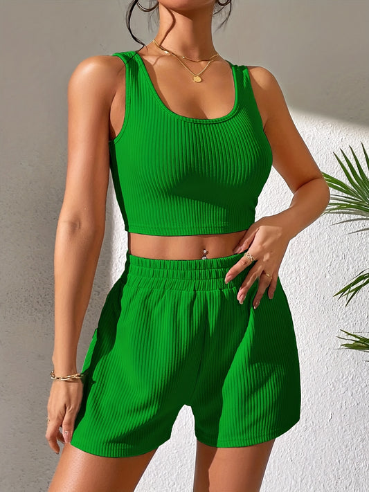Sixsr Tank Top & Shorts Two-piece Set, Ribbed Crop Tank Top & Ribbed Casual Shorts, 2pcs Outfits For Vacation, Every Day, Women's Clothing