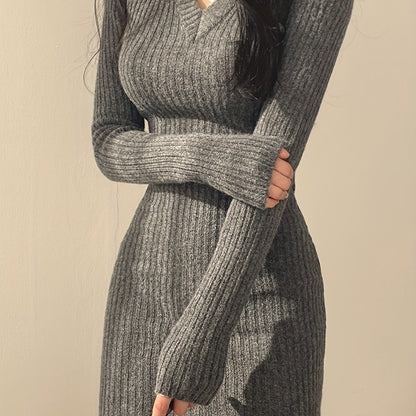 Sixsr Solid Knit Sweater Dress, Elegant V Neck Long Sleeve Bodycon Dress For Fall & Winter, Women's Clothing