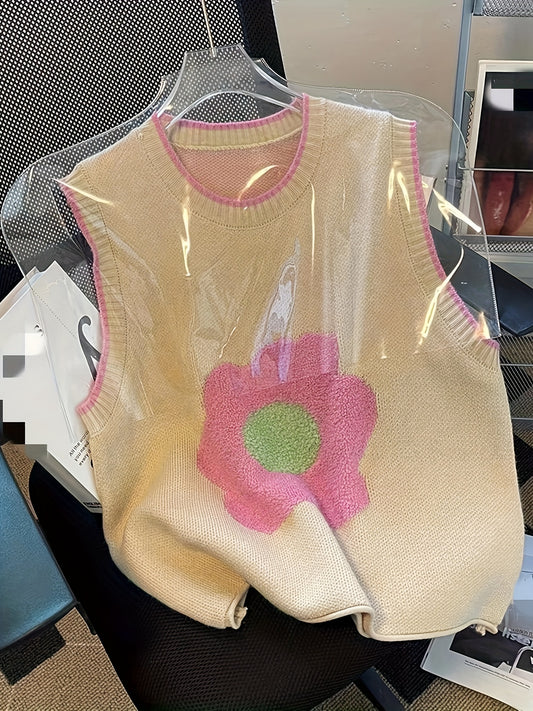 Sixsr Floral Pattern Crew Neck Knitted Top, Casual Sleeveless Loose Sweater, Women's Clothing