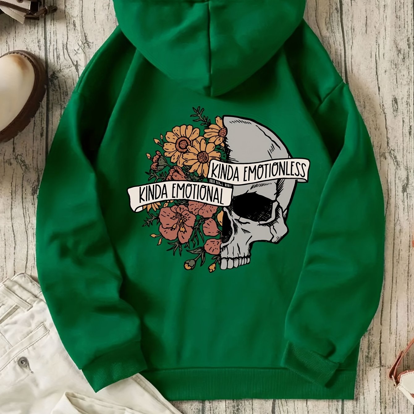 Sixsr Floral & Skull Print Hoodies, Drawstring Kangaroo Pocket Casual Sweatshirt For Winter & Fall, Women's Clothing