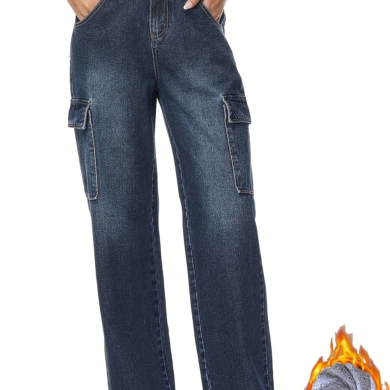 Sixsr Plush Lined Washed Straight Jeans, Flap Pockets Loose Fit Elastic Waist Cargo Pants, Women's Denim Jeans & Clothing