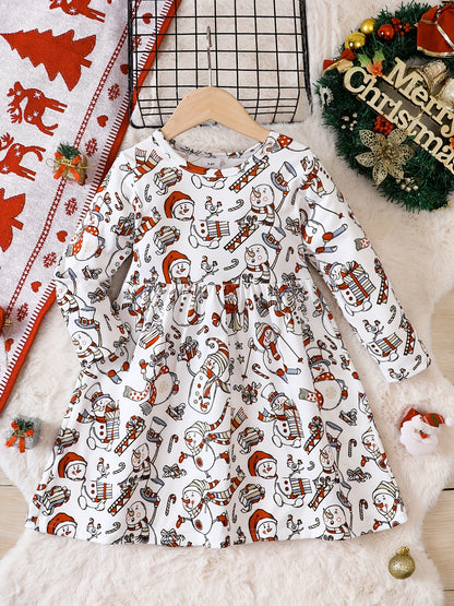 Adorable Reindeer Graphic Crew Neck Long Sleeve Dress for Kids - Soft, Comfortable, and Stylish Fall Christmas Outfit for Girls - Perfect for Holiday Parties and Casual Wear