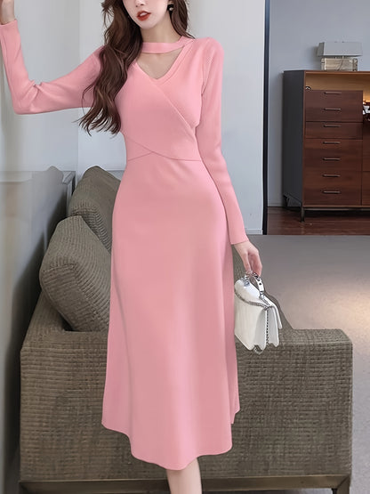 Sixsr Solid Cut Out Slim Dress, Elegant Long Sleeve Tie Back Dress For Spring & Fall, Women's Clothing