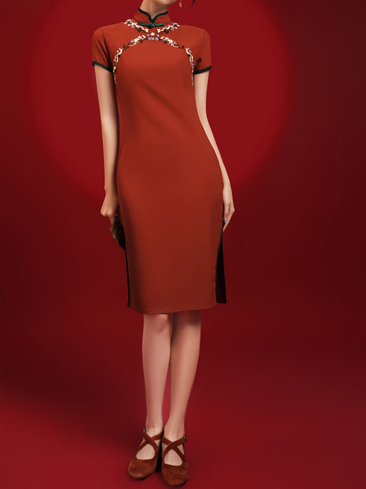 Sixsr Chinese Vintage Solid Cheongsam, Flower Pattern Bodycon Short Sleeve Qipao Dress, Women's Clothing