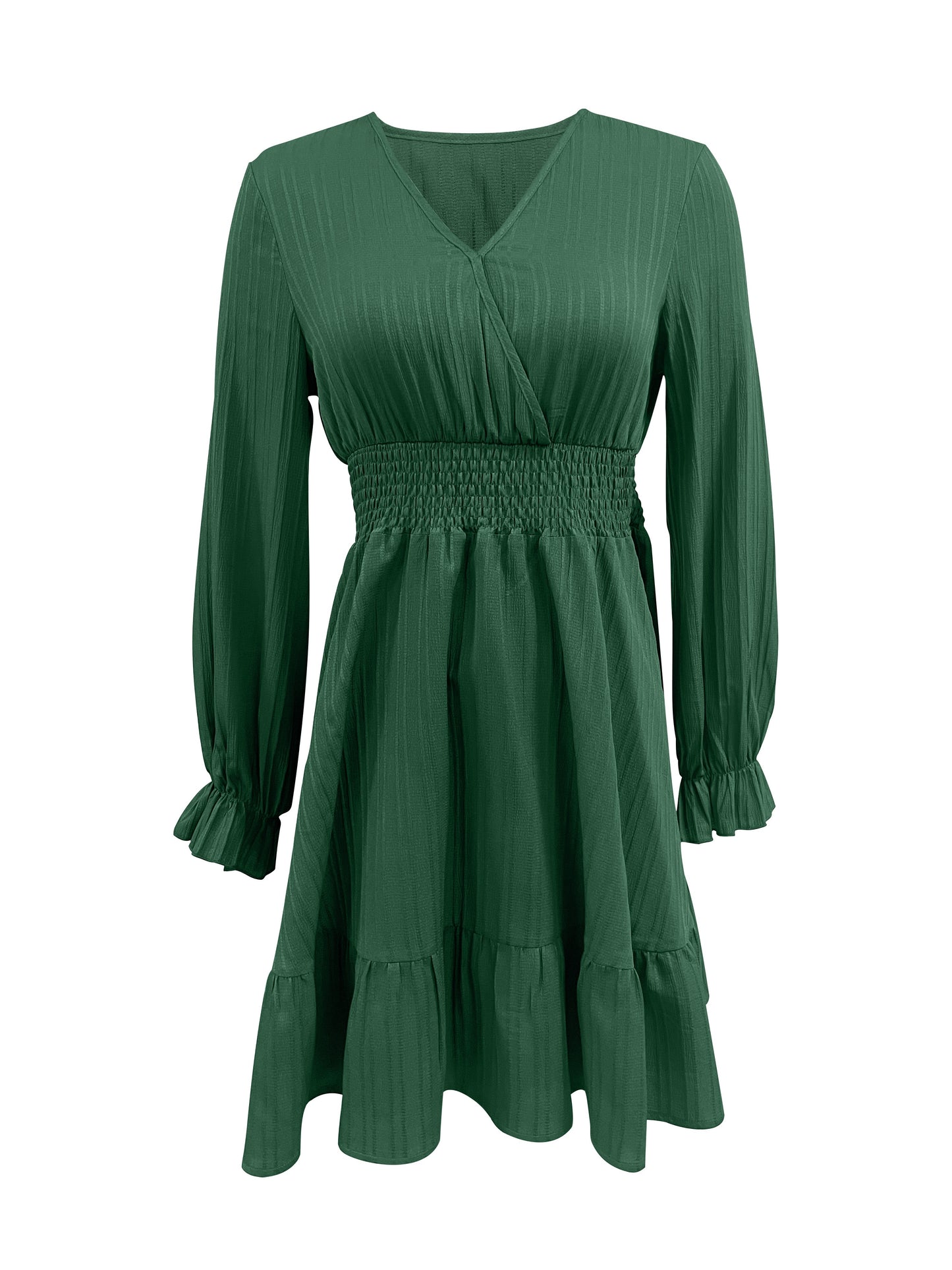 Sixsr Shirred Waist Ruffle Trim Dress, Casual V Neck Long Sleeve Dress, Women's Clothing