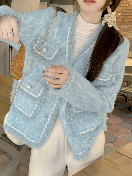 Sixsr Elegant Button Front Cardigan, Long Sleeve Contrast Trim Jacket For Fall & Winter, Women's Clothing