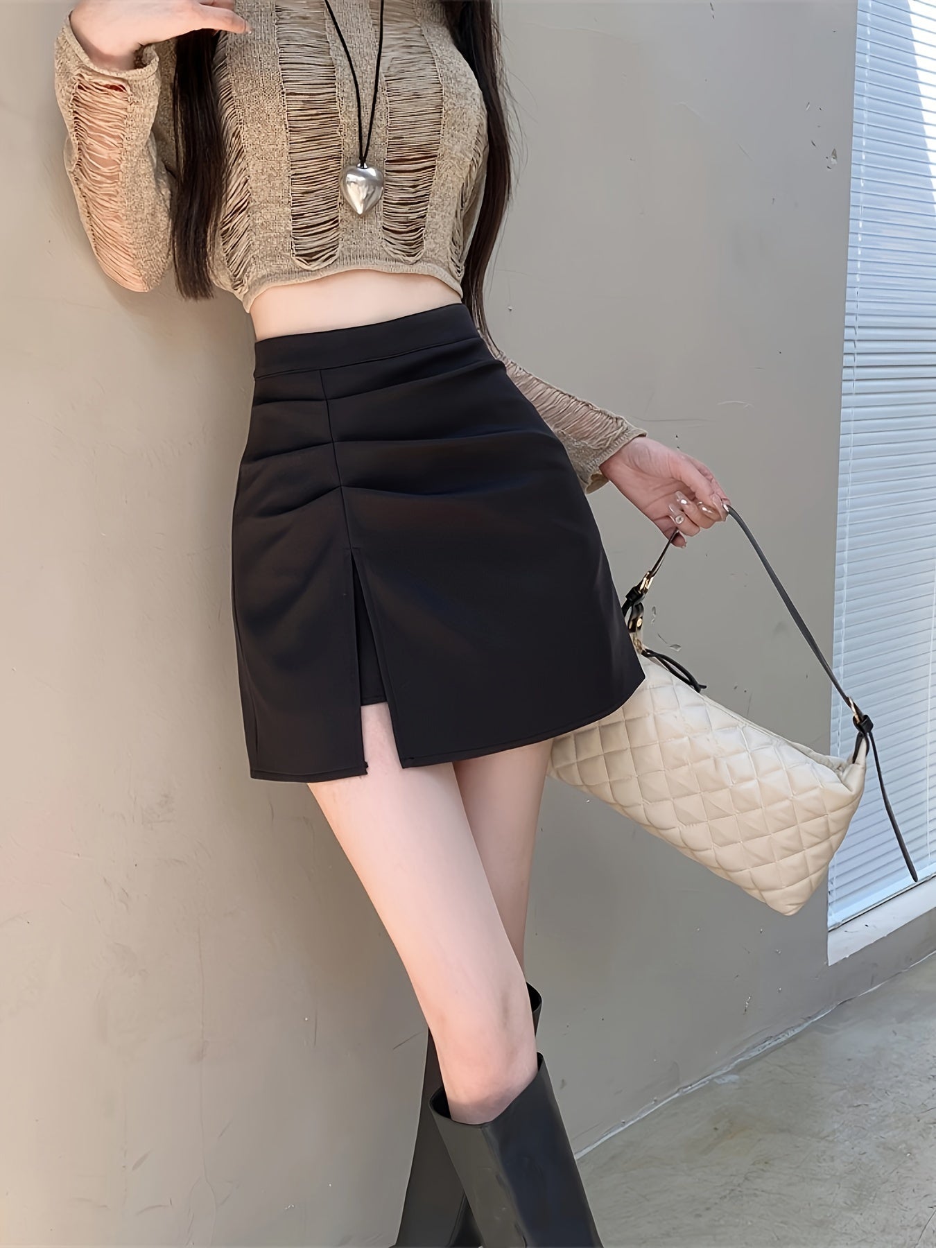 Sixsr  Solid High Waist Split Skirt, Casual Ruched A Line Mini Skirt, Women's Clothing