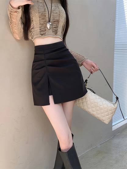 Sixsr  Solid High Waist Split Skirt, Casual Ruched A Line Mini Skirt, Women's Clothing