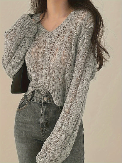 Solid V Neck Pullover Sweater, Casual Long Sleeve Thin Knit Sweater, Women's Clothing
