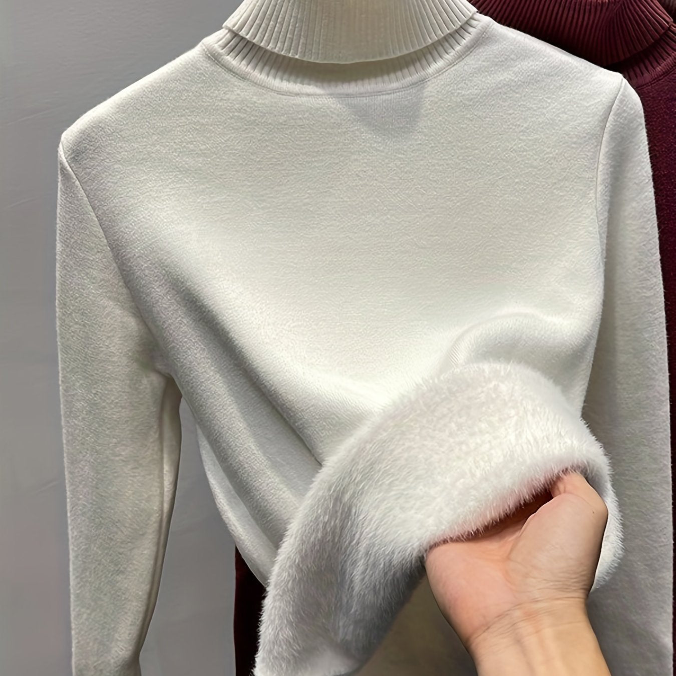 Sixsr Solid Turtle Neck Fleece Pullover Sweater, Elegant Long Sleeve Slim Thermal Sweater, Women's Clothing