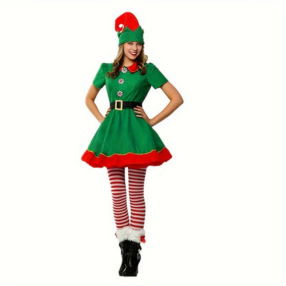 4PCS Women's Christmas Elf Costume Set - Polyester Elf Dress, Hat, Belt, Striped Stockings for Holiday Parties & Halloween - Universal Adult Novelty Outfit without Feathers, No Electricity Required