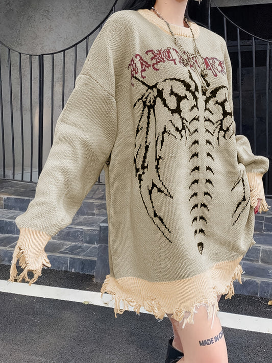 Sixsr Y2K Ripped Skeleton Pattern Dress, Crew Neck Long Sleeve Street Wear Dress, Women's Clothing