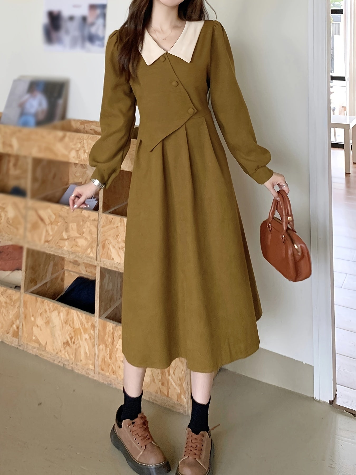 Sixsr Contrast Trim Button Decor Dress, Elegant Long Sleeve Dress For Spring & Fall, Women's Clothing