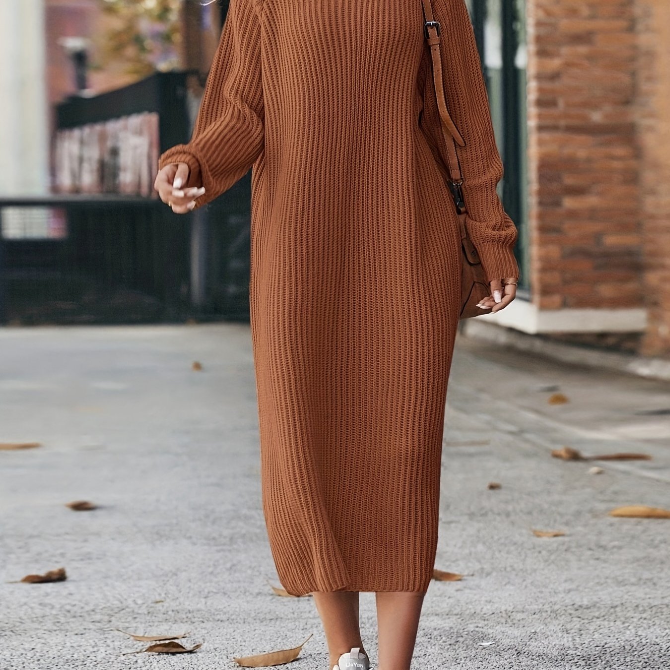 Sixsr Turtleneck Ribbed Sweater Dress, Casual Solid Long Sleeve Midi Dress, Women's Clothing