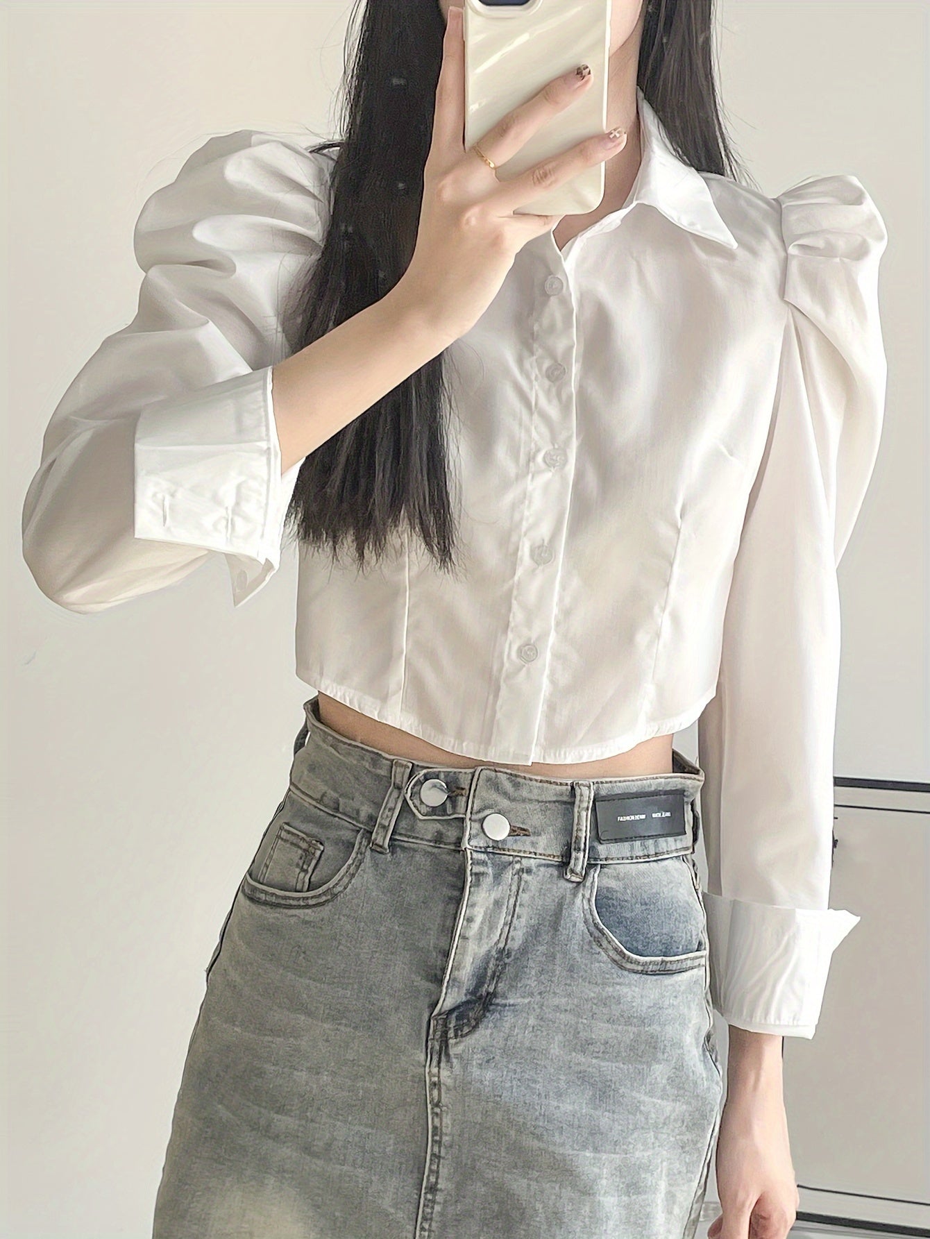 Sixsr Puff Sleeve Button Front Blouse, Casual Solid Color Lapel Crop Blouse For Spring & Fall, Women's Clothing