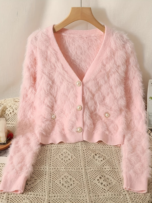 Sixsr Faux Fur Button Down Knit Cardigan, Elegant Long Sleeve Retro Sweater, Women's Clothing