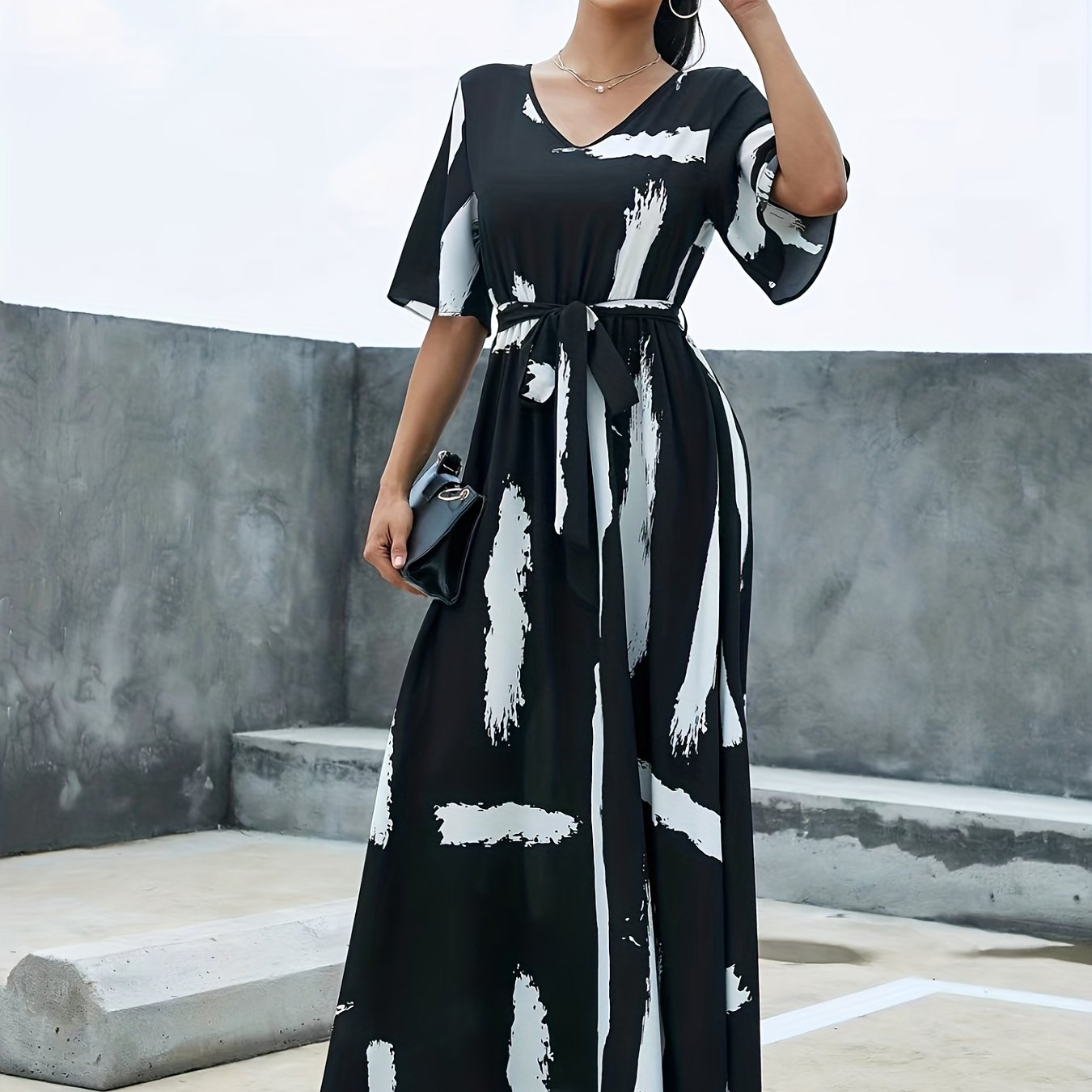 Flutter Sleeve Belted Maxi Dress, Casual Dress For Spring & Summer, Women's Clothing