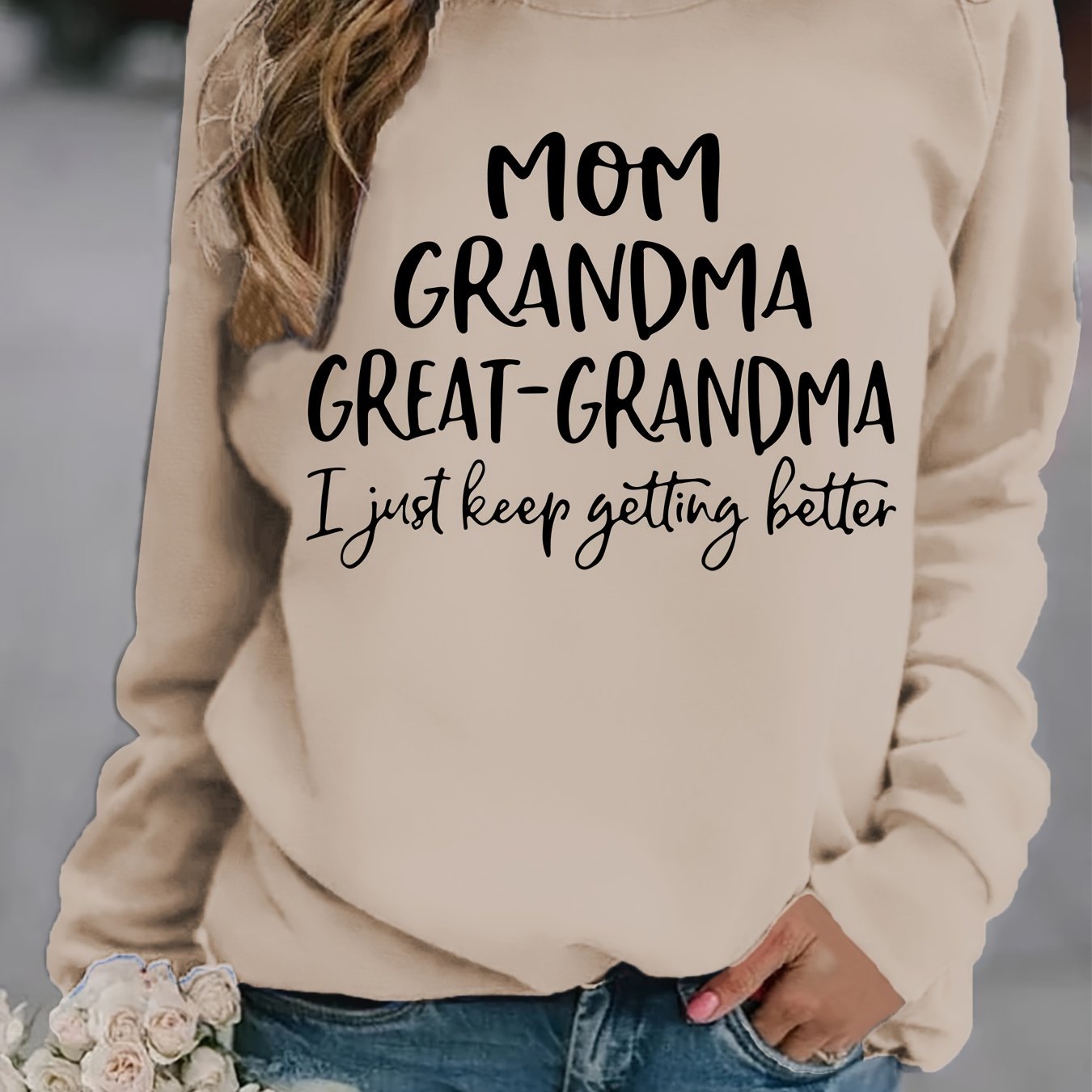 Sixsr Grandma Letter Print Solid Pullover, Long Sleeve Crew Neck Casual Sweatshirt, Women's Clothing