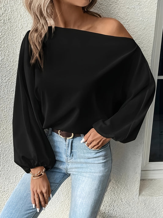 Sixsr Solid Color Drop Shoulder Blouse, Casual Loose Long Sleeve Blouse For Spring, Women's Clothing