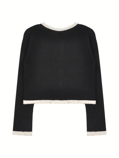 Sixsr Scallop Trim Button Up Knit Cardigan, Elegant Long Sleeve Slim Crop Cardigan, Women's Clothing