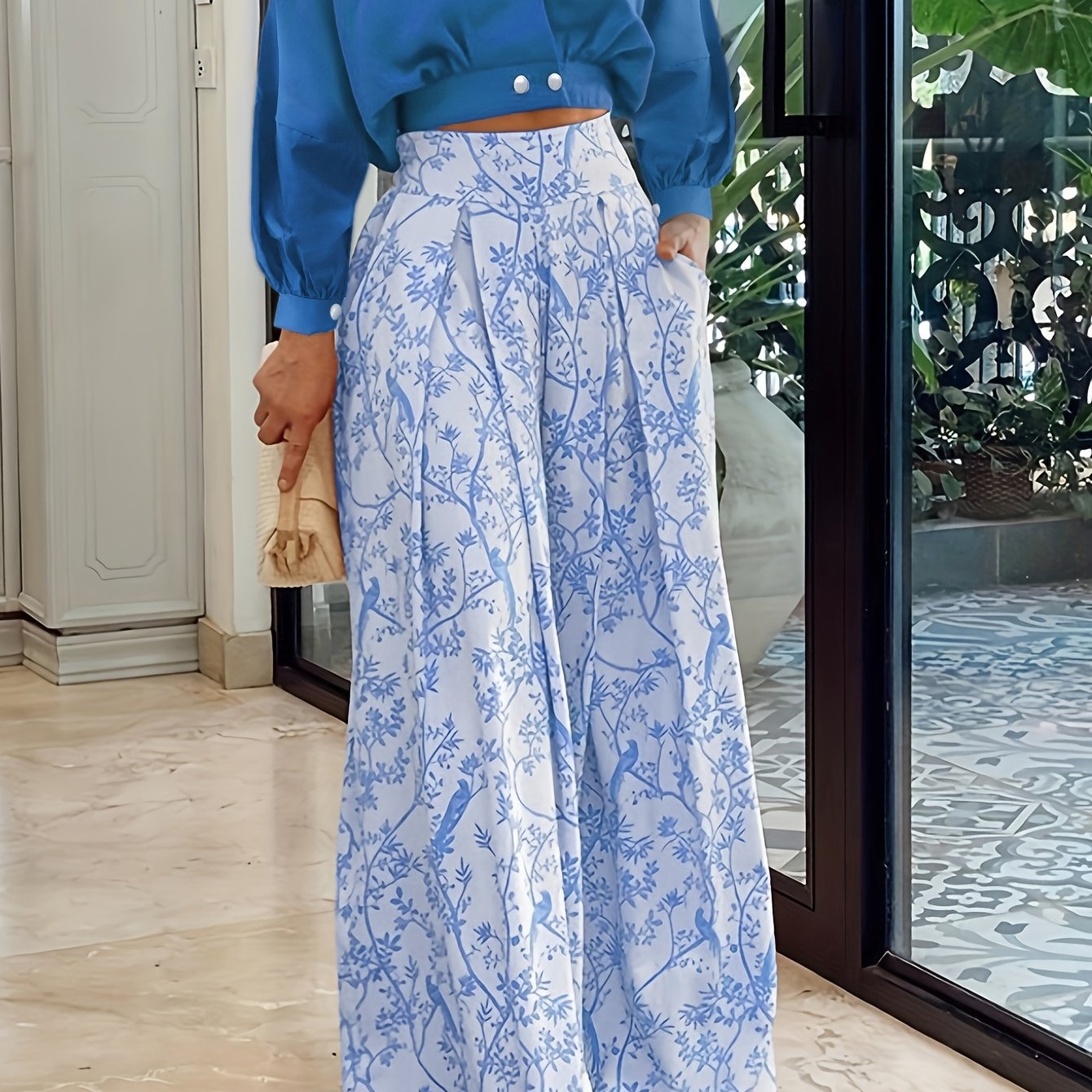 Casual Two-piece Set, Solid Surplice Neck Tops & Floral Print Wide Leg Pants Outfits, Women's Clothing