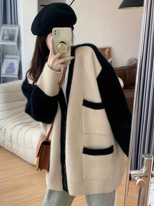 Sixsr Contrast Color Button Front Sweater Cardigan, Oversized V-neck Sweater For Fall & Winter, Women's Clothing