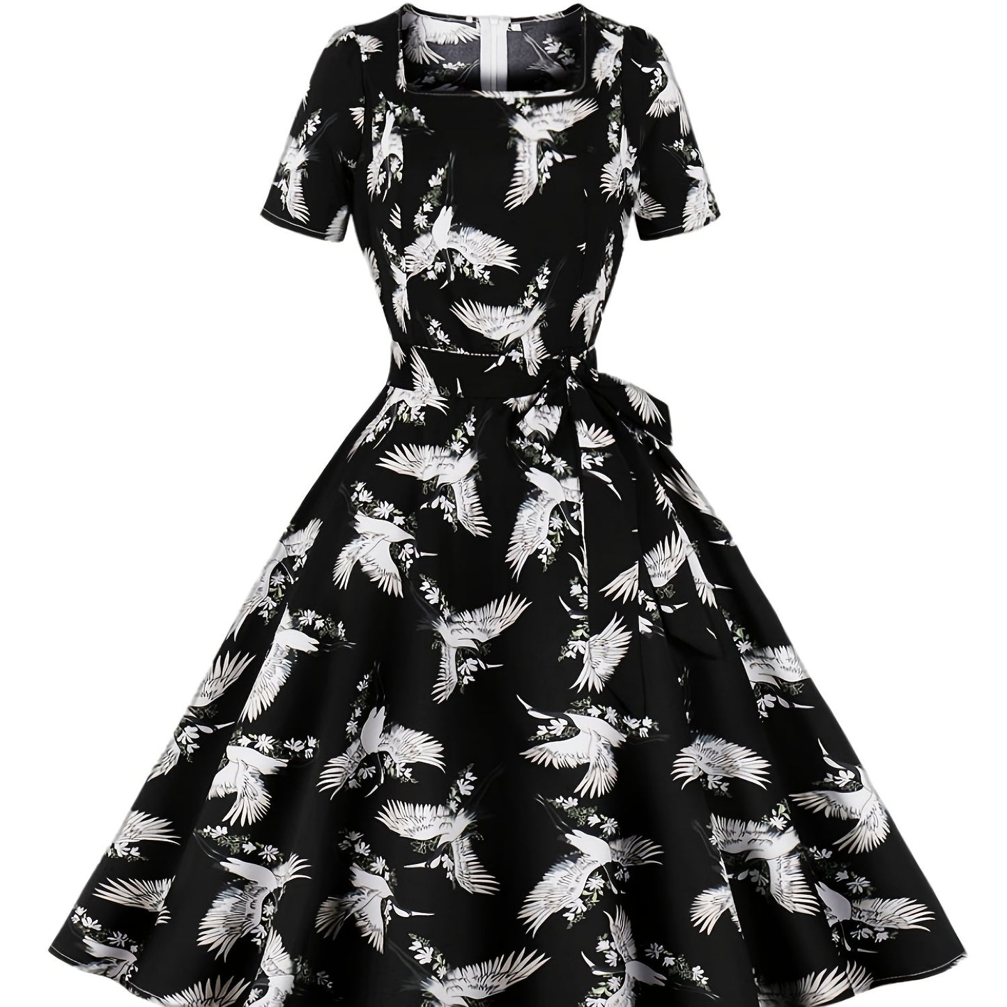 Sixsr Crane Print Tie Front Dress, Elegant Vintage Square Neck Short Sleeve Dress, Women's Clothing