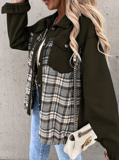 Sixsr Plaid Print Splicing Jacket, Casual Button Front Long Sleeve Outerwear, Women's Clothing