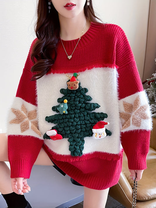 For Fall & Winter, Casual Long Sleeve Christmas Tree Decor Crew Neck Sweater, Women's Clothing