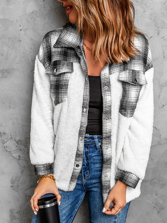 Sixsr Plaid Print Splicing Jacket, Casual Button Front Long Sleeve Outerwear, Women's Clothing
