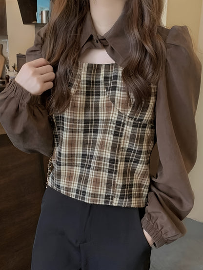 Sixsr Plaid Splicing Turn Down Collar Shirt, Casual Long Sleeve Every Day Shirt, Women's Clothing