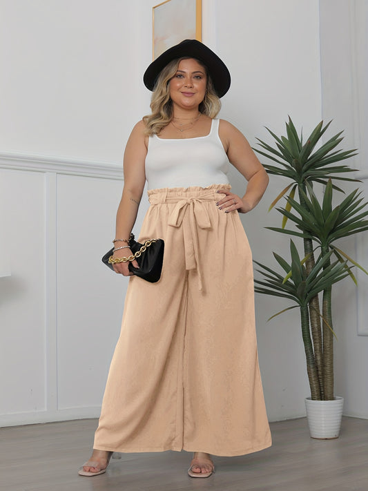 Sixsr Plus Size Elegant Pants, Women's Plus Solid Ruffle Trim Elastic High Rise Slight Stretch Wide Leg Trousers With Belt