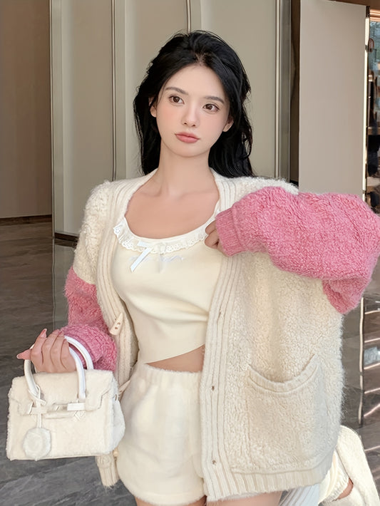 Sixsr Color Block Button Down Knit Cardigan, Casual Long Sleeve Pocket Fuzzy Sweater, Women's Clothing