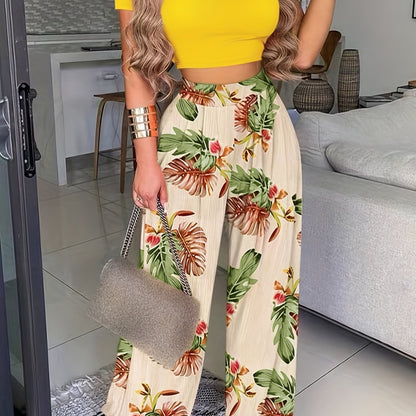 Boho Summer Two Pieces Set, Cropped Solid Short Sleeve T-shirt & High Waist Floral Print Wide Leg Pants Outfits, Women's Clothing