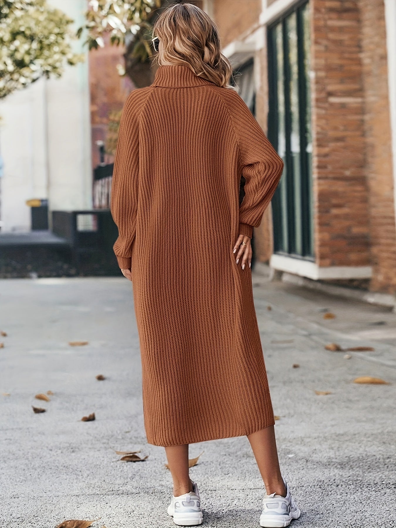 Sixsr Turtleneck Ribbed Sweater Dress, Casual Solid Long Sleeve Midi Dress, Women's Clothing