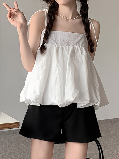 Sixsr Solid Color Knot Strap Flare Top, Casual Sleeveless Straight Neck Cami Top For Summer, Women's Clothing