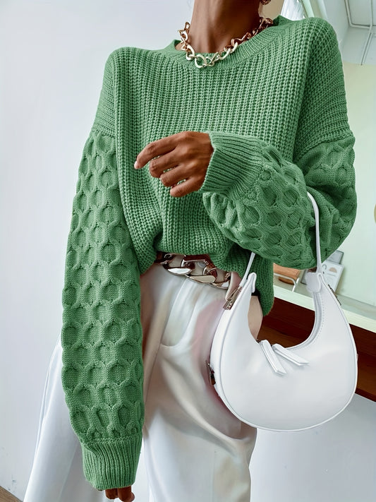 Solid Crew Neck Pullover Sweater, Vintage Long Lantern Sleeve Sweater For Fall And Winter, Women's Clothing