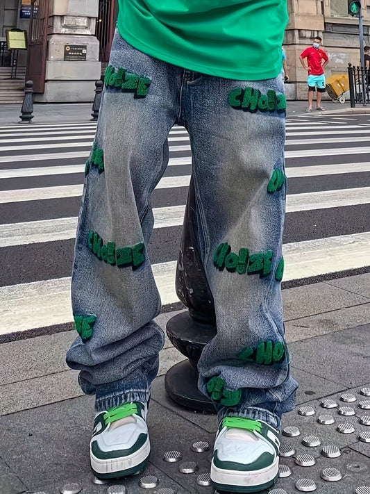 Sixsr Embroidery Cotton Baggy Jeans, Men's Casual Creative Street Style Denim Pants For Spring Summer