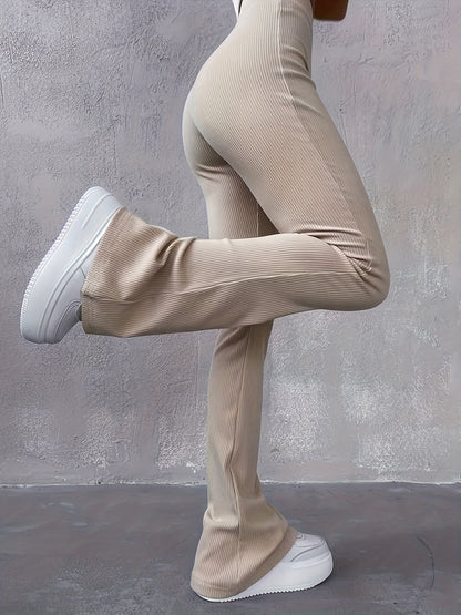 Sixsr Casual Rib Simple Slim Leggings Pants, Solid High Waisted Fashion Fall & Winter Long Pants, Women's Clothing