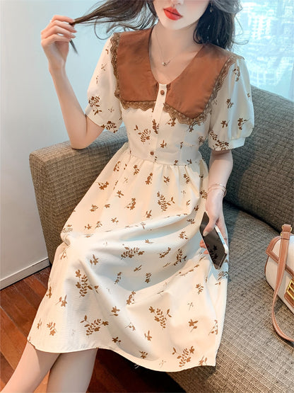 Sixsr Floral Print Doll Collar Dress, Elegant Short Sleeve Waist Slimming Skinny Dress For Summer, Women's Clothing